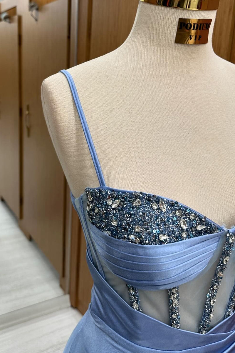 Load image into Gallery viewer, Sparkly Grey Blue Corset Mermaid Long Formal Dress with Slit