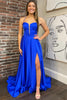 Load image into Gallery viewer, Royal Blue A-line Spaghetti Straps Satin Long Formal Dress with Slit