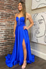 Load image into Gallery viewer, Royal Blue A-line Spaghetti Straps Satin Long Formal Dress with Slit