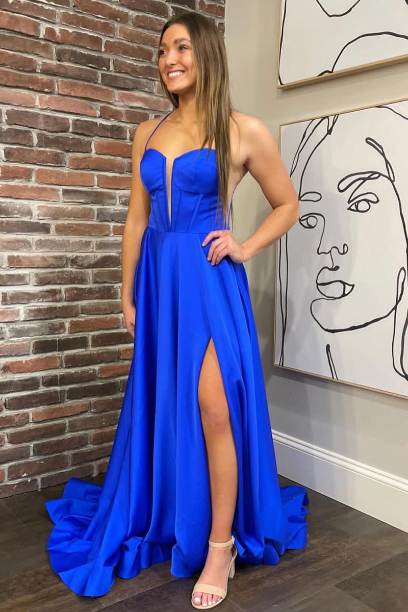 Load image into Gallery viewer, Royal Blue A-line Spaghetti Straps Satin Long Formal Dress with Slit