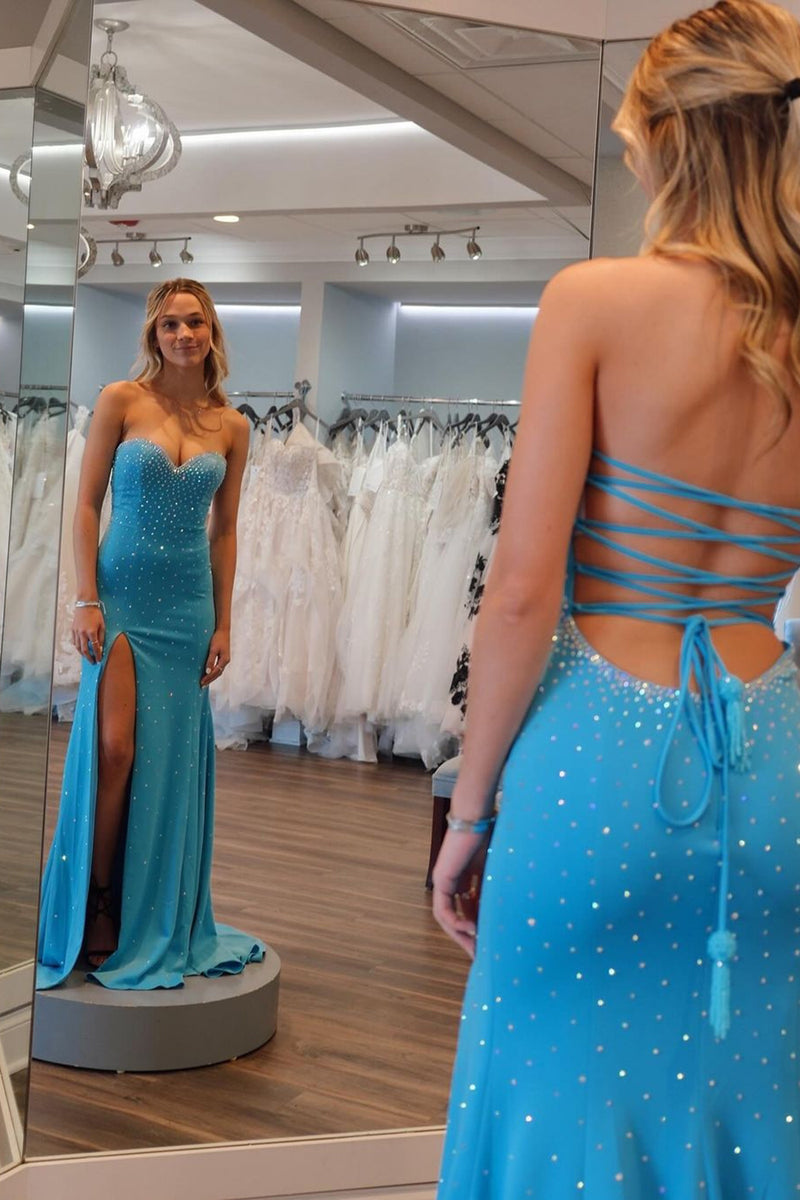 Load image into Gallery viewer, Sparkly Blue Beaded Mermaid Long Formal Dress with Slit