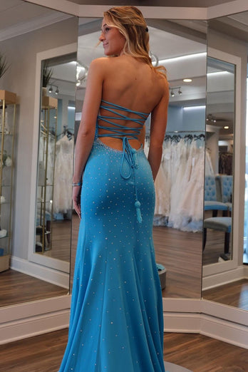 Sparkly Blue Beaded Mermaid Long Formal Dress with Slit