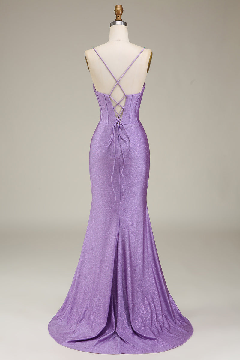 Load image into Gallery viewer, Satin Spaghetti Straps Lilac Formal Dress with Corset