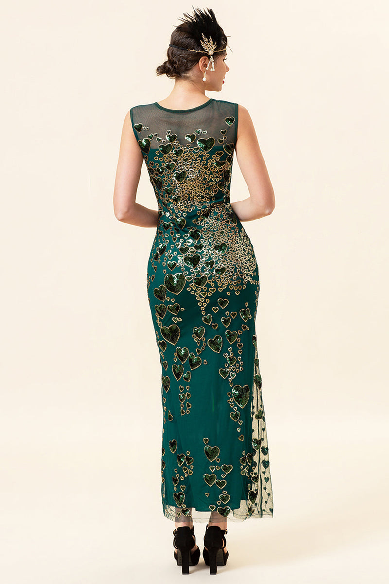 Load image into Gallery viewer, Sheath Round Neck Dark Green Love Heart Beaded Formal Dress