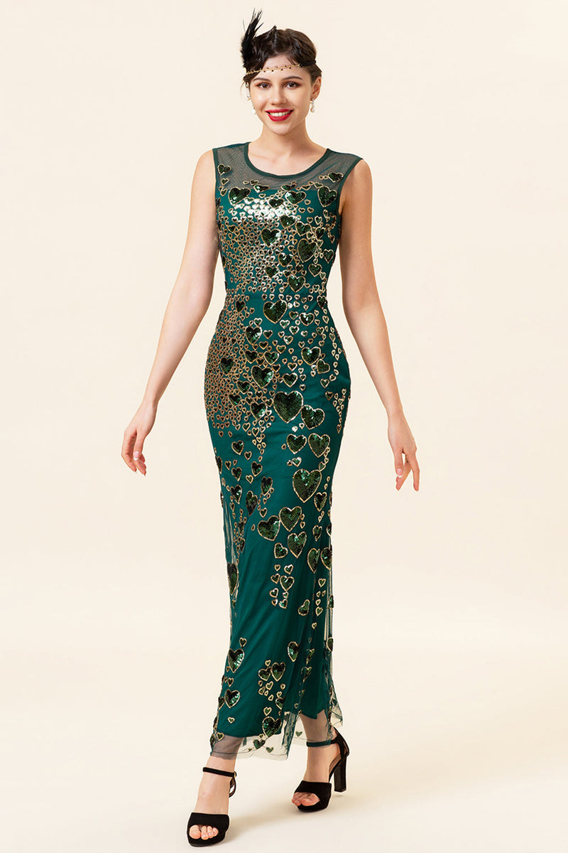 Load image into Gallery viewer, Sheath Round Neck Dark Green Love Heart Beaded Formal Dress