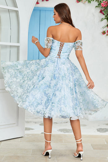 Tulle Off The Shoulder Blue Short Formal Dress