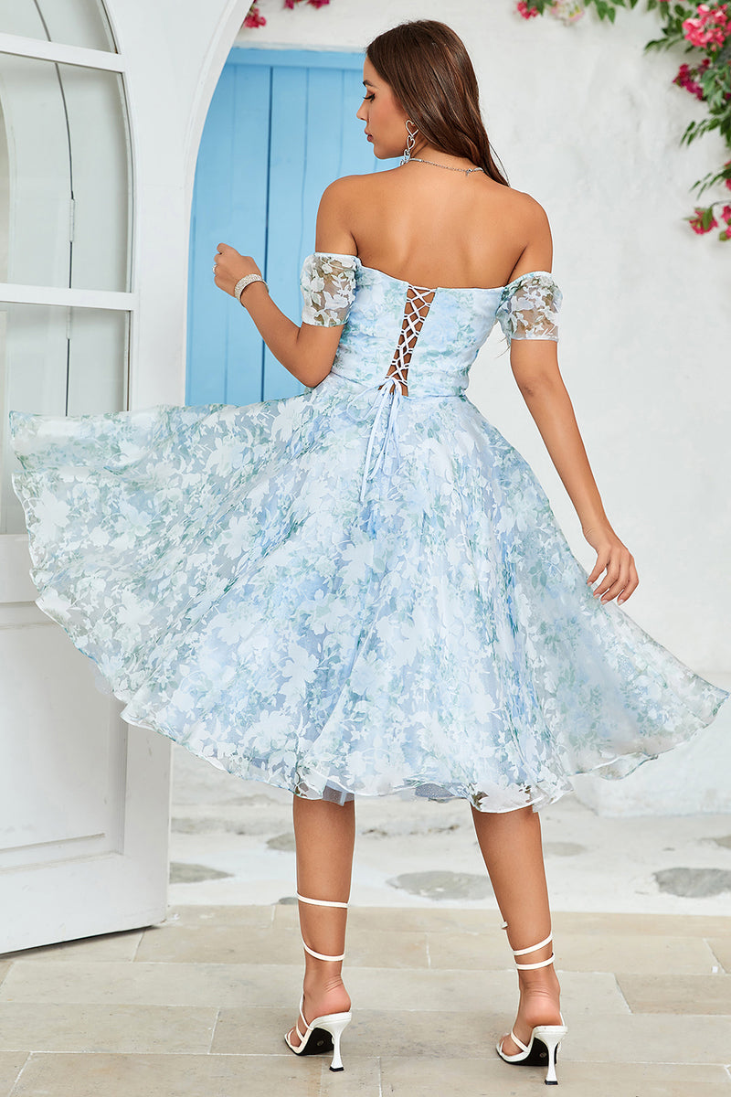 Load image into Gallery viewer, Tulle Off The Shoulder Blue Short Formal Dress