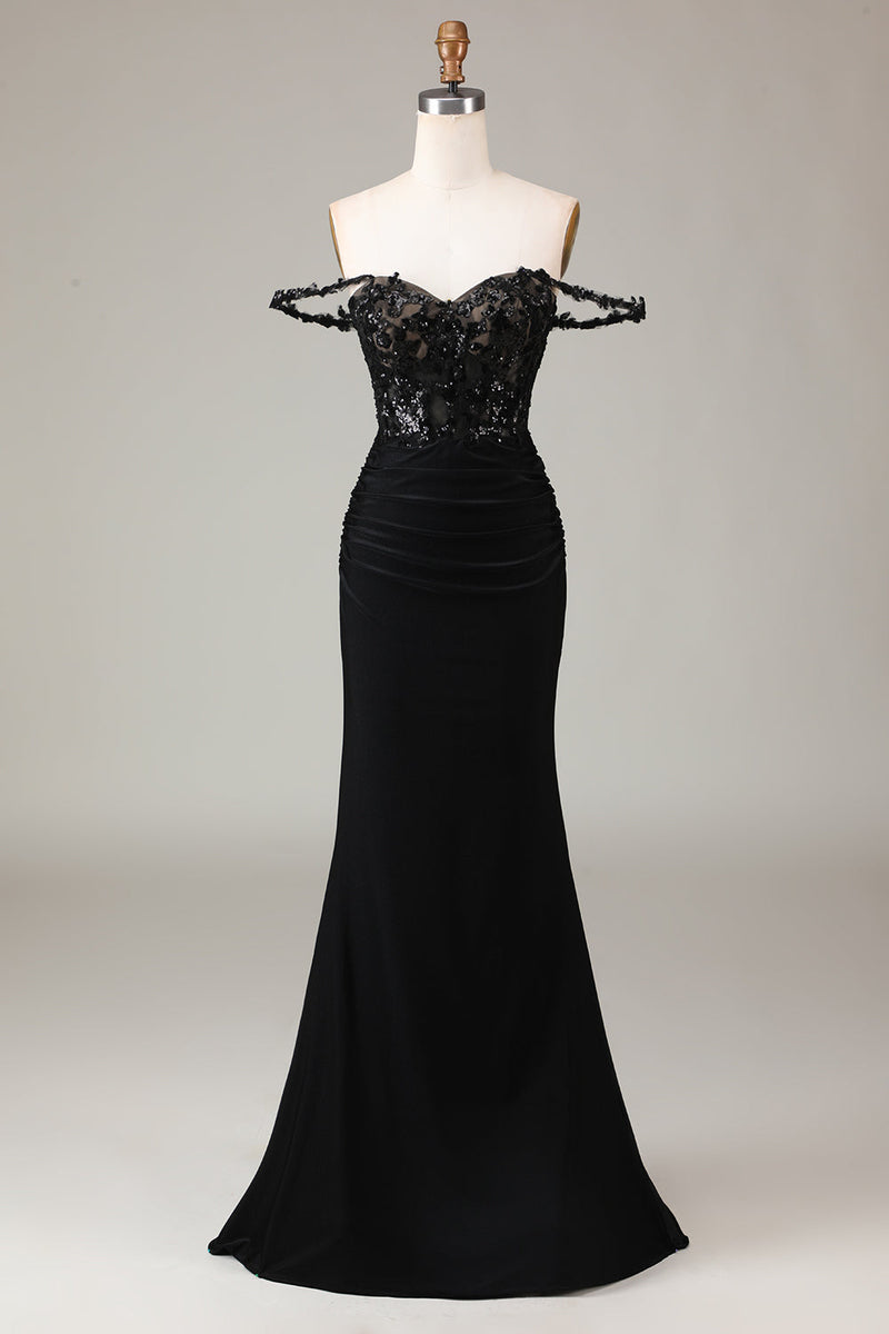 Load image into Gallery viewer, Off the Shoulder Black Sparkly Mermaid Formal Dress