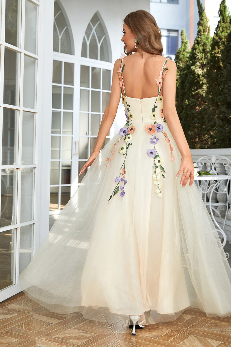 Load image into Gallery viewer, Spaghetti Straps Champagne Long Formal Dress With 3D Flowers