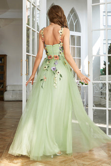 Spaghetti Straps Green Long Formal Dress With 3D Flowers