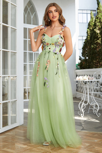 Spaghetti Straps Champagne Long Formal Dress With 3D Flowers