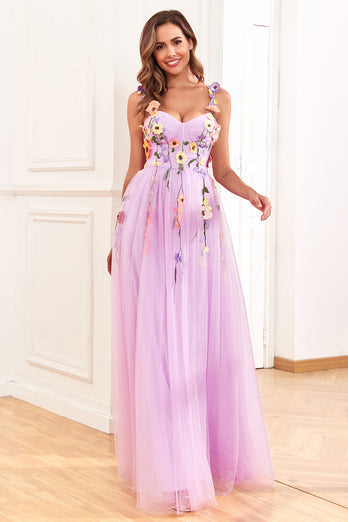 Spaghetti Straps Champagne Long Formal Dress With 3D Flowers