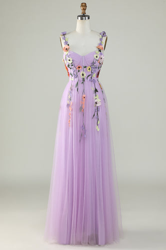 Purple Spaghetti Straps Long Formal Dress With 3D Flowers