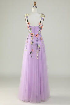 Purple Spaghetti Straps Long Formal Dress With 3D Flowers