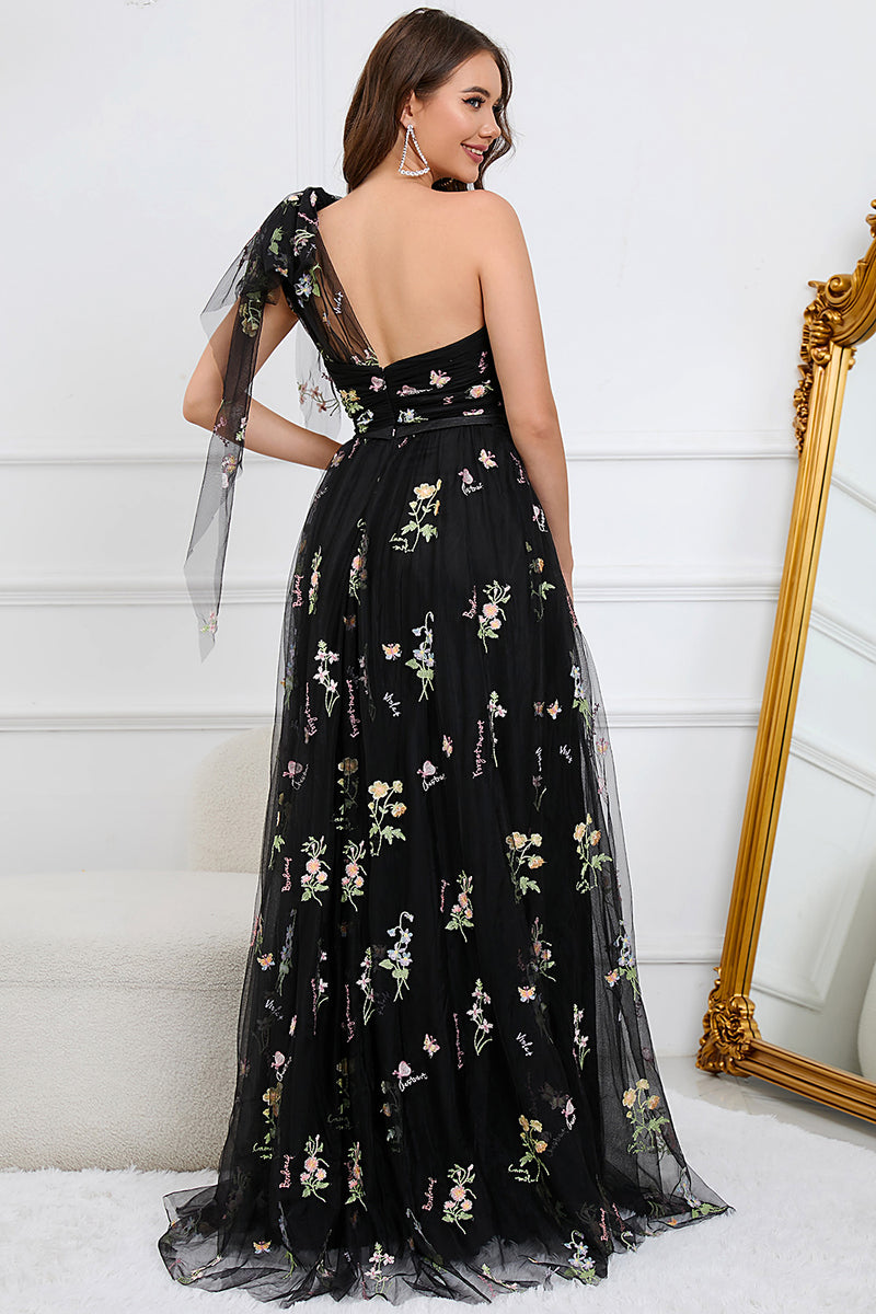 Load image into Gallery viewer, Tulle One Shoulder Black Long Formal Dress with Embroidery