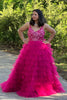 Load image into Gallery viewer, Fuchsia Princess A-Line Spaghetti Straps Sequin Tiered Long Formal Dress with Slit