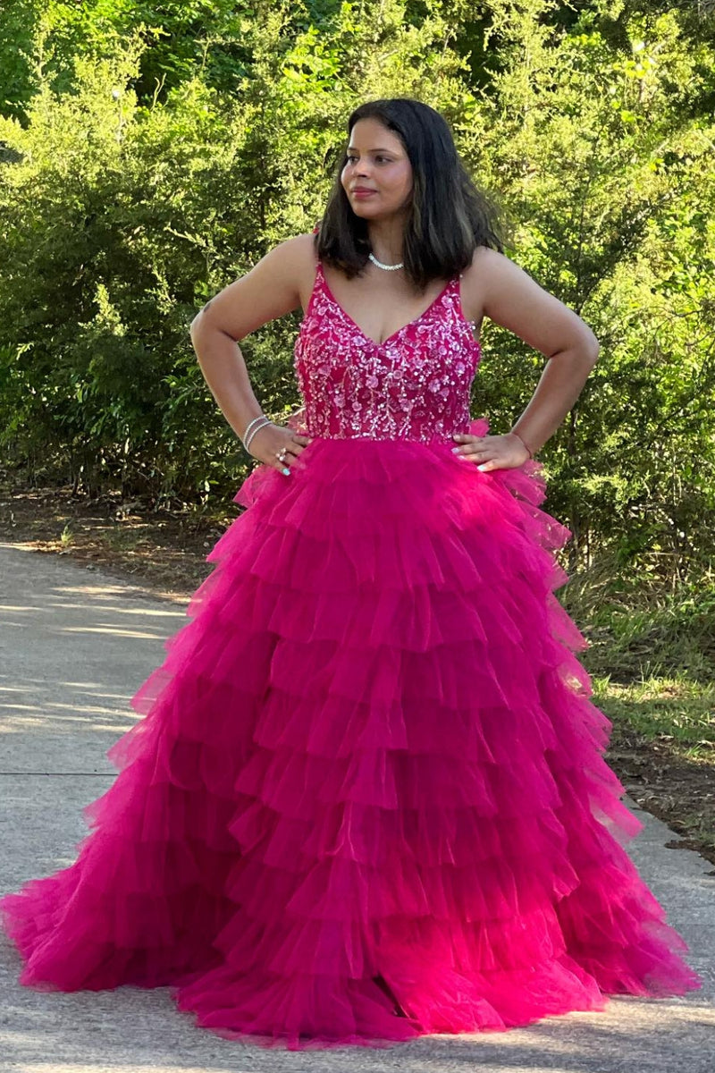 Load image into Gallery viewer, Fuchsia Princess A-Line Spaghetti Straps Sequin Tiered Long Formal Dress with Slit