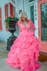 Load image into Gallery viewer, Fuchsia A Line V Neck Long Tiered Formal Dress