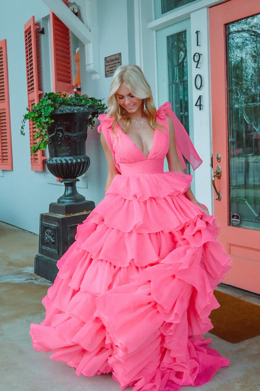 Fuchsia A Line V Neck Long Tiered Formal Dress