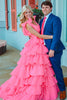 Load image into Gallery viewer, Fuchsia A Line V Neck Long Tiered Formal Dress