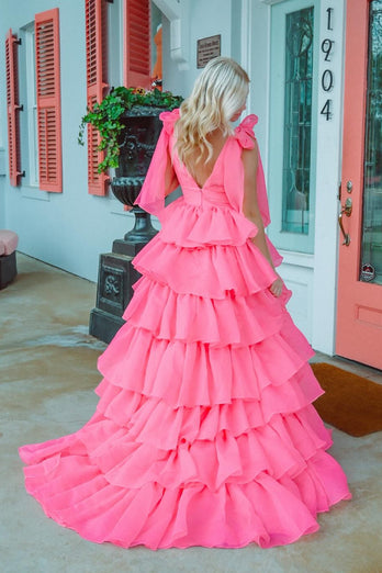 Fuchsia A Line V Neck Long Tiered Formal Dress