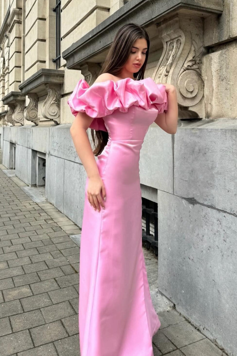 Load image into Gallery viewer, Mermaid Off the Shoulder Pink Party Dress with Split Front