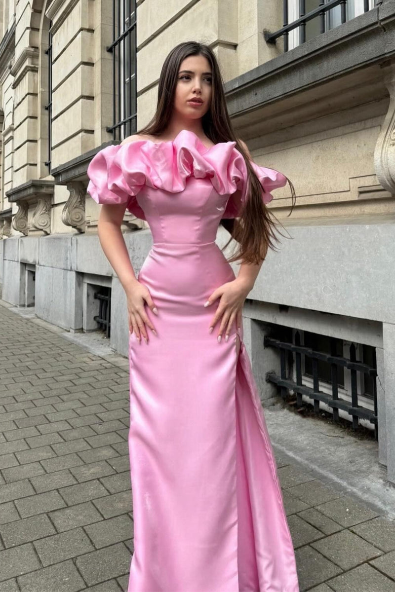 Load image into Gallery viewer, Mermaid Off the Shoulder Pink Party Dress with Split Front