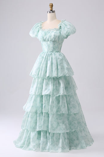 Light Blue A Line Long Tiered Corset Formal Dress