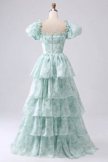 A Line Square Neck Light Blue Tiered Formal Dress with Ruffles