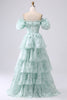 Load image into Gallery viewer, A Line Square Neck Light Blue Tiered Formal Dress with Ruffles