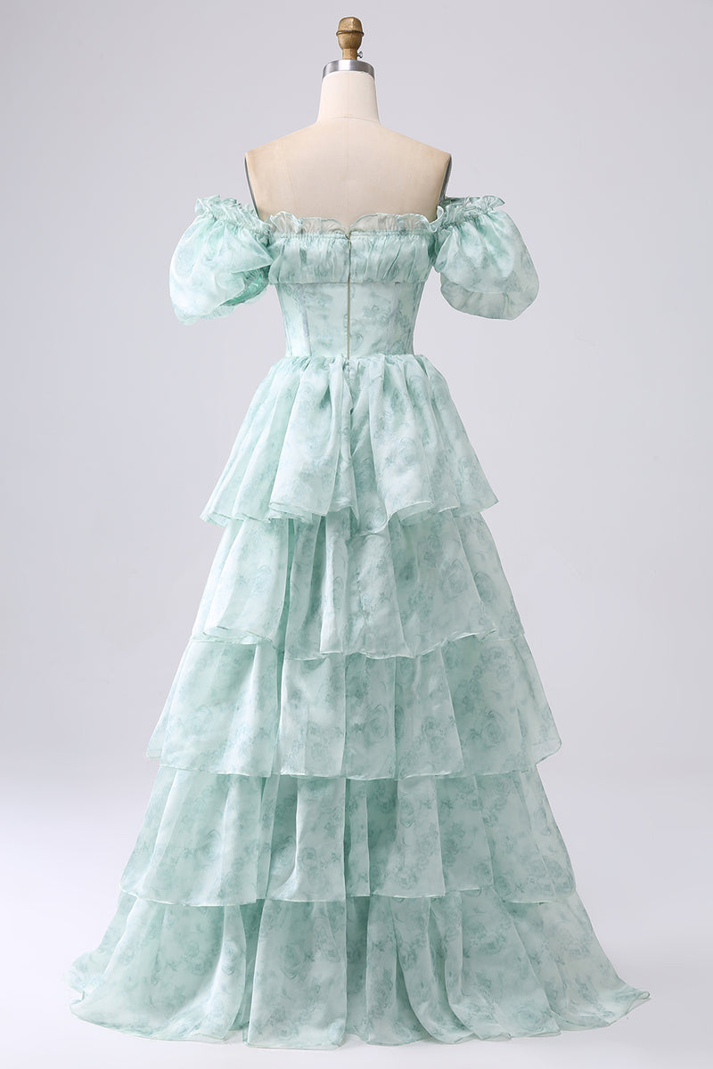 Load image into Gallery viewer, A Line Square Neck Light Blue Tiered Formal Dress with Ruffles