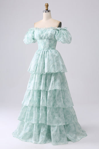 A Line Square Neck Light Blue Tiered Formal Dress with Ruffles