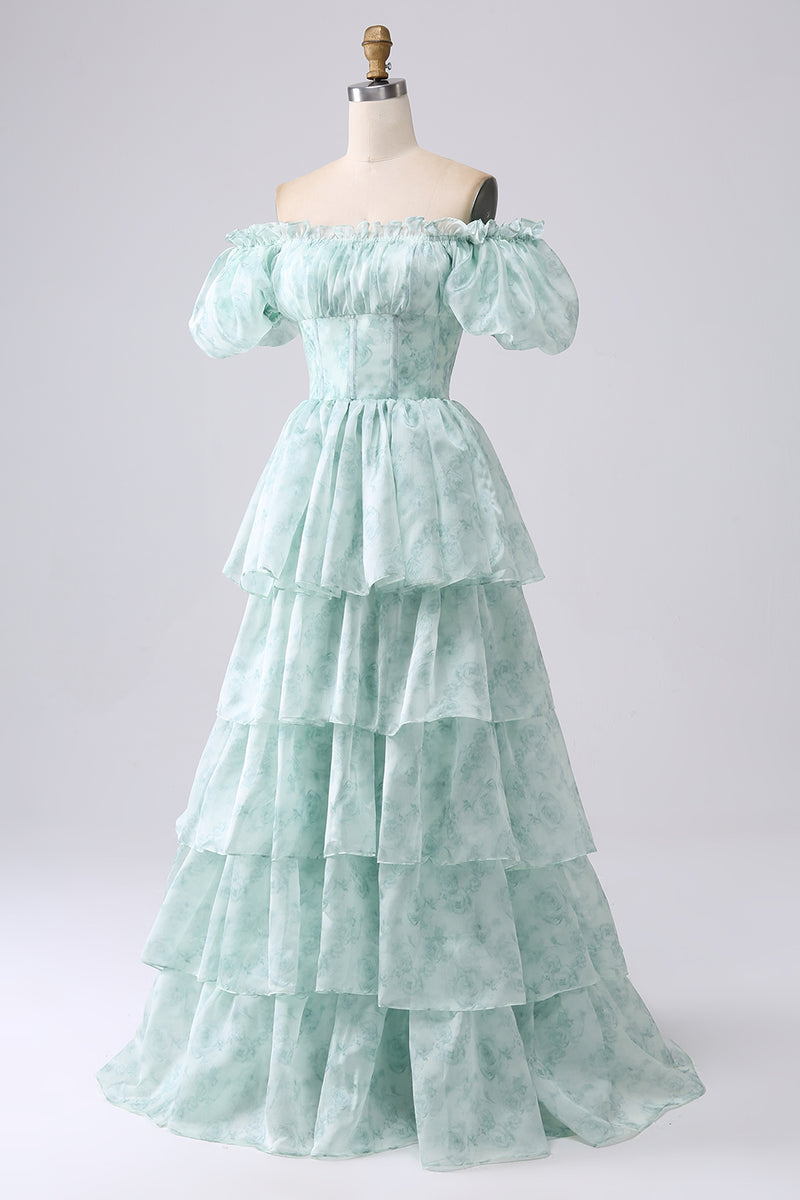 Load image into Gallery viewer, A Line Square Neck Light Blue Tiered Formal Dress with Ruffles