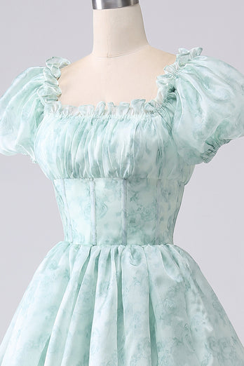 A Line Square Neck Light Blue Tiered Formal Dress with Ruffles