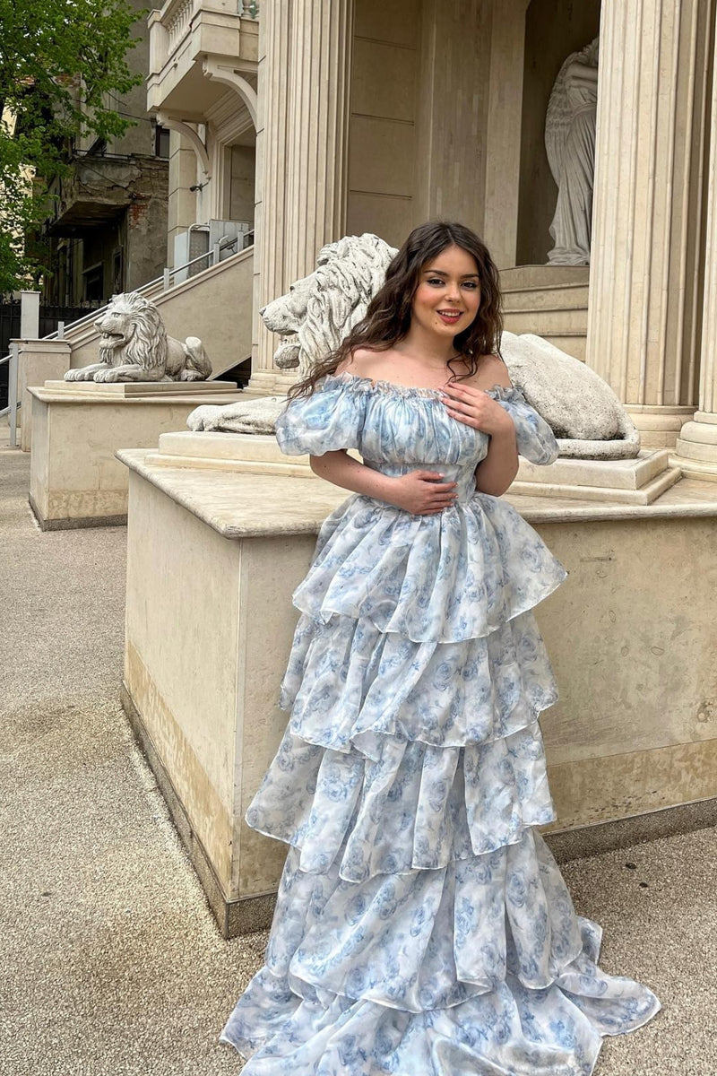 Load image into Gallery viewer, A Line Square Neck Light Blue Tiered Formal Dress with Ruffles