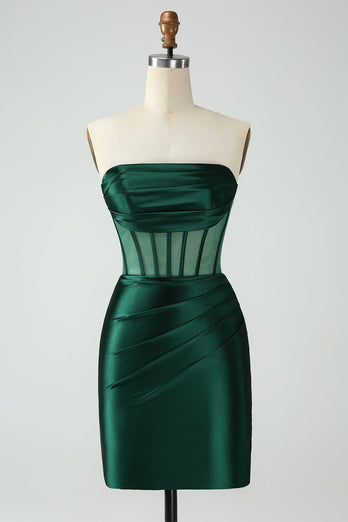 Simple Dark Green Tight Strapless Satin Short Formal Dress