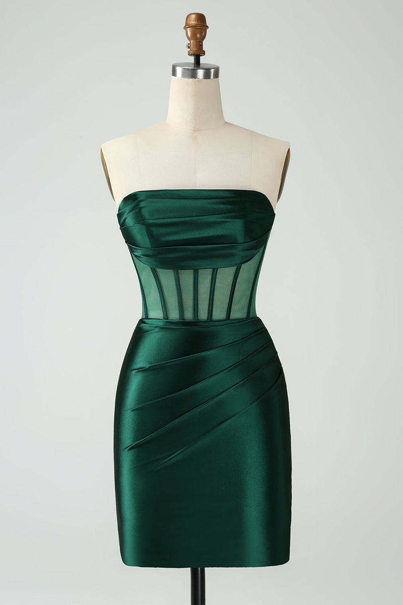 Load image into Gallery viewer, Simple Dark Green Tight Strapless Satin Short Formal Dress