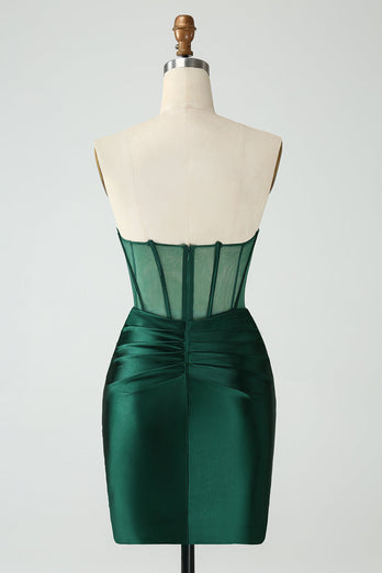 Simple Dark Green Tight Strapless Satin Short Formal Dress