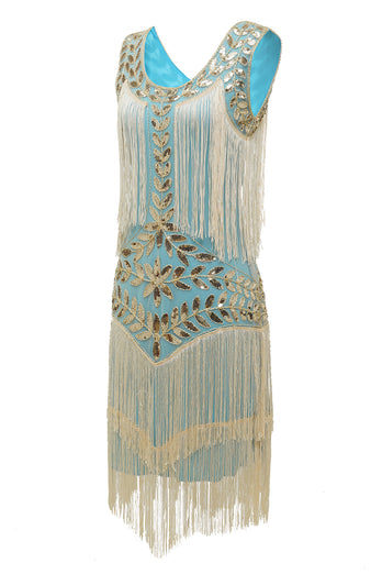 Champagne Gatsby 1920s Dress with Sequins and Fringes