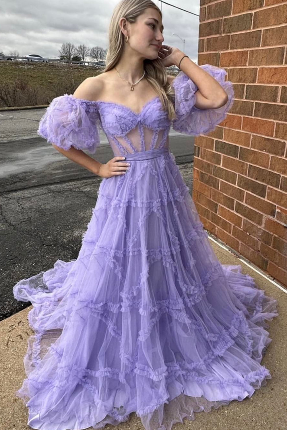 A Line Tulle Off The Shoulder Corset Purple Formal Dress