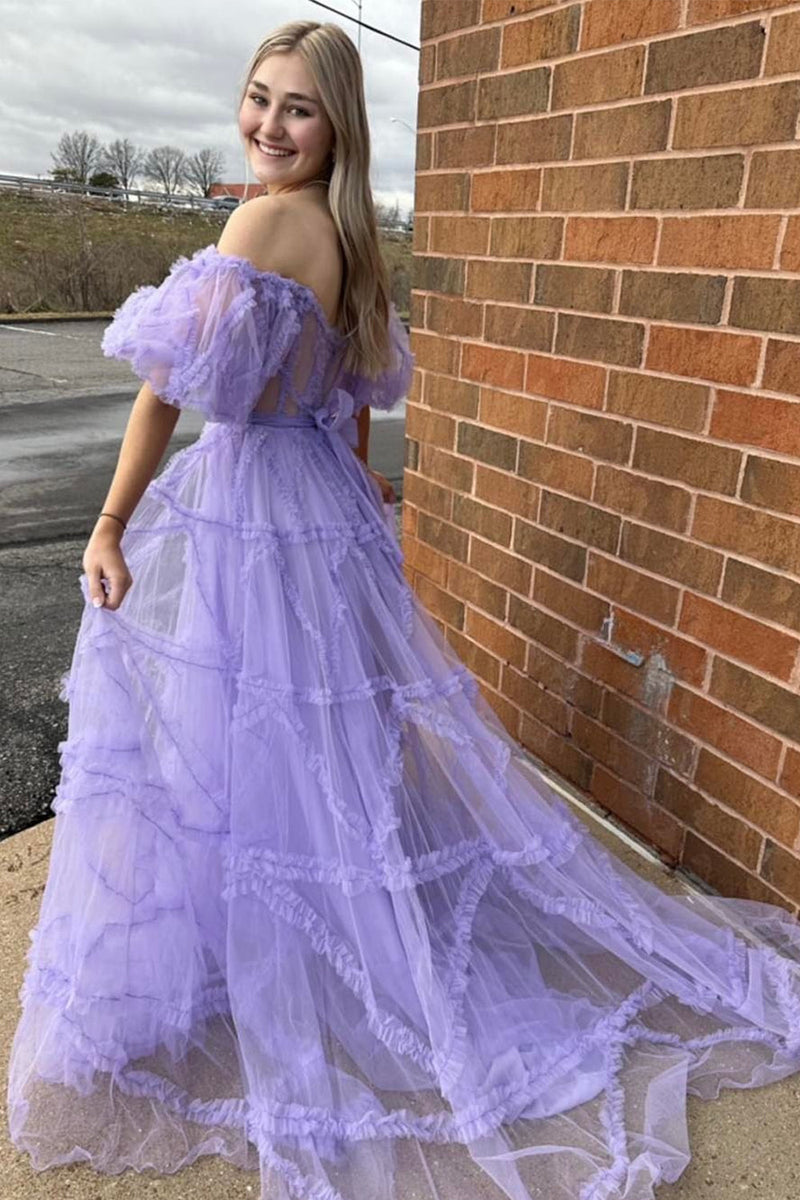 Load image into Gallery viewer, A Line Tulle Off The Shoulder Corset Purple Formal Dress