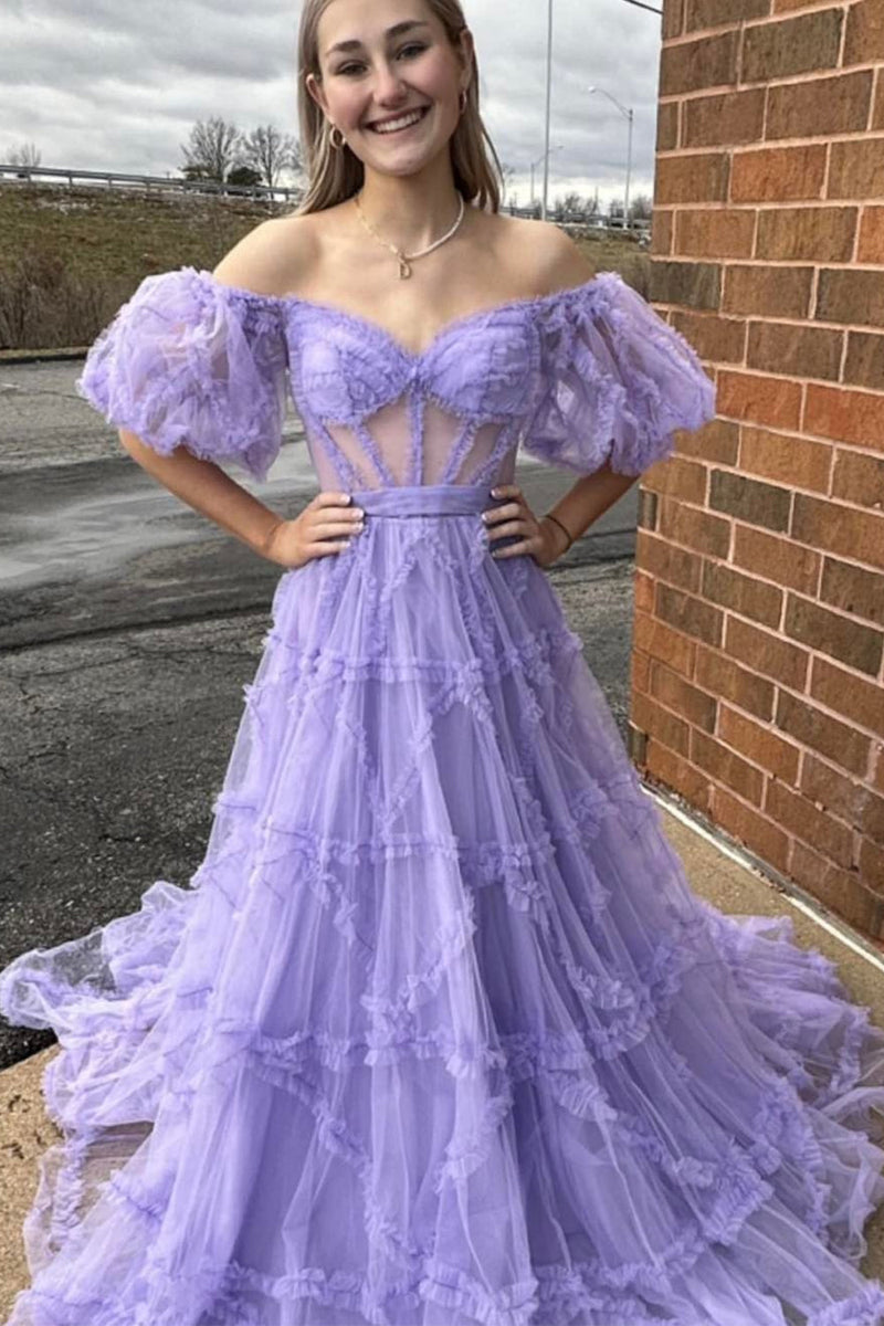 Load image into Gallery viewer, A Line Tulle Off The Shoulder Corset Purple Formal Dress