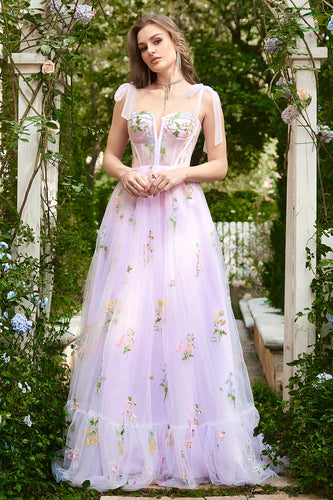 A-Line Tulle Spaghetti Straps Lavender Long Formal Dress with Embroidery