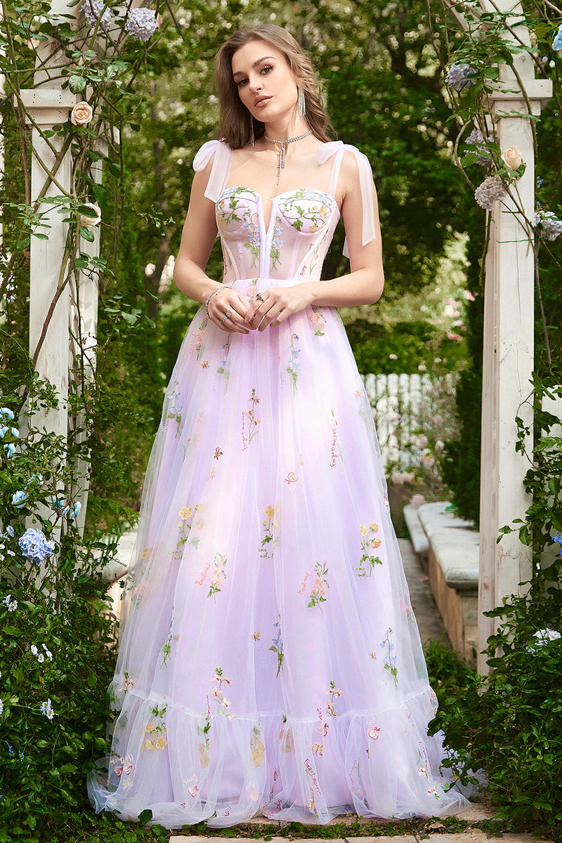 Load image into Gallery viewer, A-Line Tulle Spaghetti Straps Lavender Long Formal Dress with Embroidery