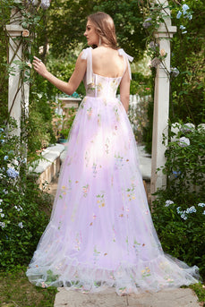 A-Line Tulle Spaghetti Straps Lavender Long Formal Dress with Embroidery