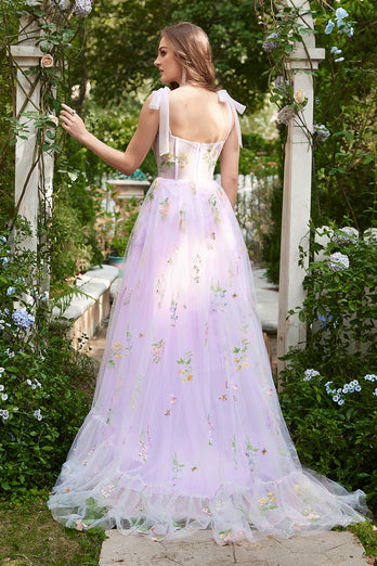 A-Line Tulle Spaghetti Straps Lavender Long Formal Dress with Embroidery