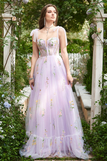 A-Line Tulle Spaghetti Straps Lavender Long Formal Dress with Embroidery