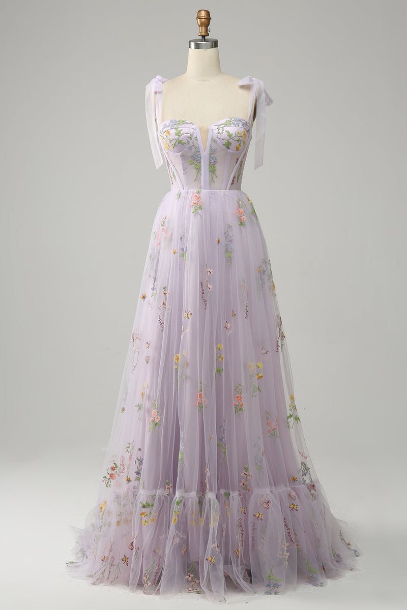 Load image into Gallery viewer, A-Line Tulle Spaghetti Straps Lavender Long Formal Dress with Embroidery