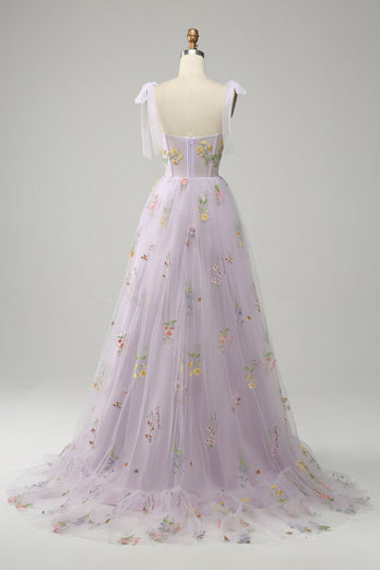 A-Line Tulle Spaghetti Straps Lavender Long Formal Dress with Embroidery