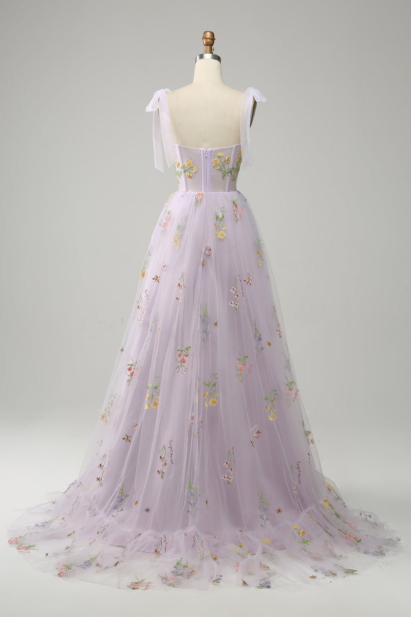 Load image into Gallery viewer, A-Line Tulle Spaghetti Straps Lavender Long Formal Dress with Embroidery